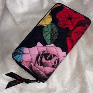 Vera Bradley Black Floral Quilted Zip Wallet with Multi-Colored Blooms